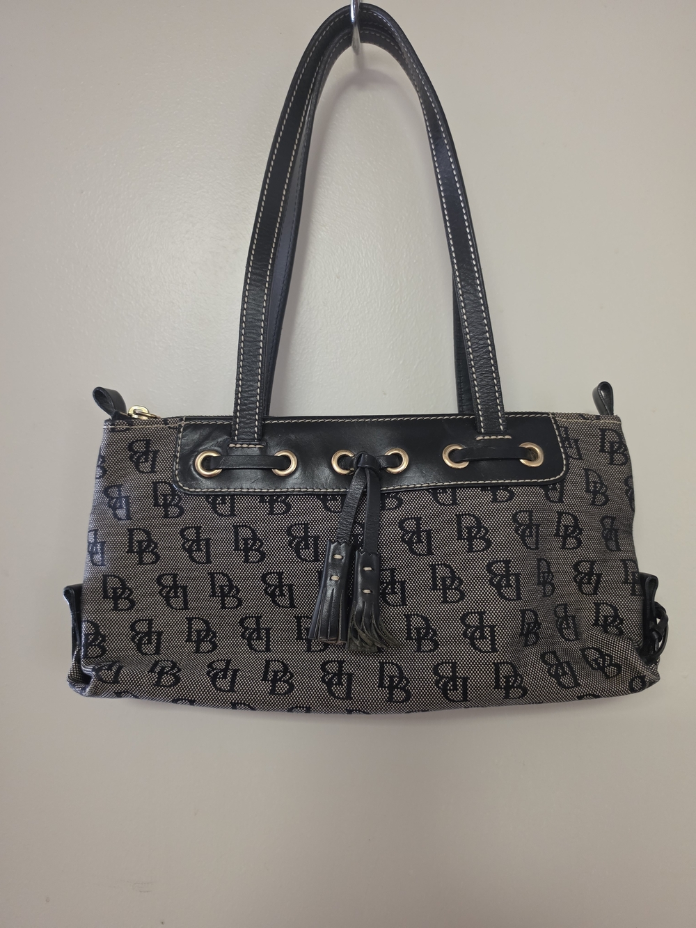 Dooney& Bourke DB Monogram Signature Pattern Black and Tan Medium Shoulder Bag